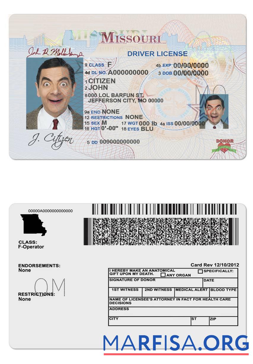 Printable USA Missouri driving license template